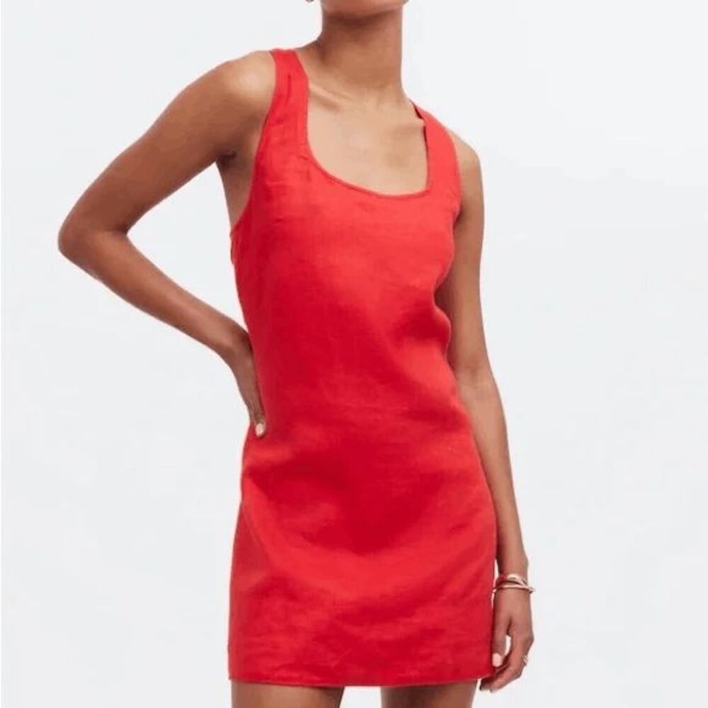 Madewell Cross-Back‎ A-Line Mini Dress Womens 14 Rouge Red Linen Summer